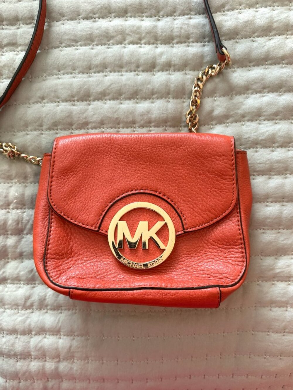 Michael Kors Orange Leather Crossbody Bag Gold MK Logo - Picture 2 of 3